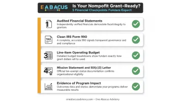 5-point nonprofit grant readiness checklist with key financial requirements