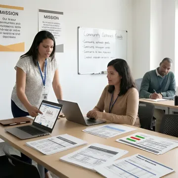 Nonprofit finance team reviewing accounting software dashboards