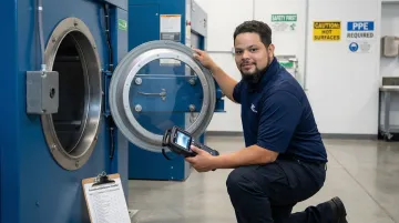 Industrial laundry facility technician performing scheduled maintenance on commercial washing equipment