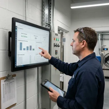 Technician reviewing wastewater monitoring dashboard