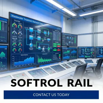 Industrial wastewater monitoring control room with digital displays
