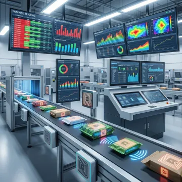RFID tagged items moving through automated sorting system with real-time data display