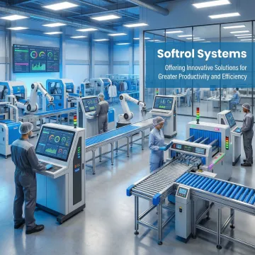 Industrial manufacturing floor with integrated MES software systems and automated equipment