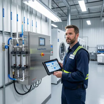 Softrol chemical dispenser service agreement support technician inspecting industrial laundry chemical injection system