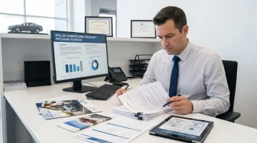 Auto dealer finance manager reviewing extended warranty reinsurance program documents at desk