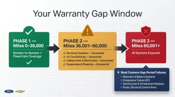 Three-phase factory warranty gap window coverage timeline by mileage breakdown