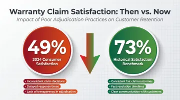 Warranty claim satisfaction gap showing 49% versus 73% historical approval rates