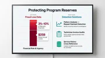 Warranty fraud risk breakdown showing 3 to 10 percent loss categories and detection methods