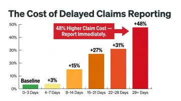 Claims reporting delay cost escalation chart showing percentage cost increases by time period
