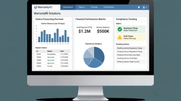 WarrantyRE claims administration dashboard displaying performance analytics and financial reporting metrics