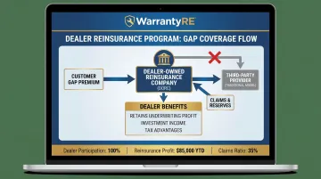 WarrantyRE dealer reinsurance program dashboard showing GAP policy revenue and profit flow