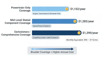 VSC annual cost comparison across three coverage tiers powertrain mid-level exclusionary