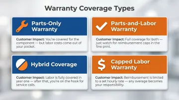 Four warranty coverage types comparison from parts-only to hybrid labor caps