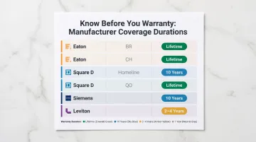 Electrical panel manufacturer warranty duration comparison chart by brand and product