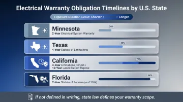 State-by-state electrical contractor warranty liability timelines comparison infographic