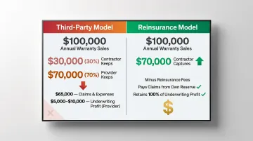Third-party warranty versus reinsurance model profit retention side-by-side dollar comparison